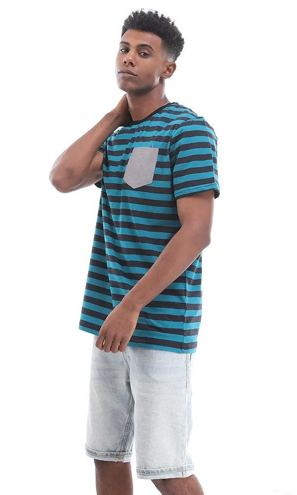 94976 Side Pocket Striped Teal Blue & Black Cotton T-Shirt