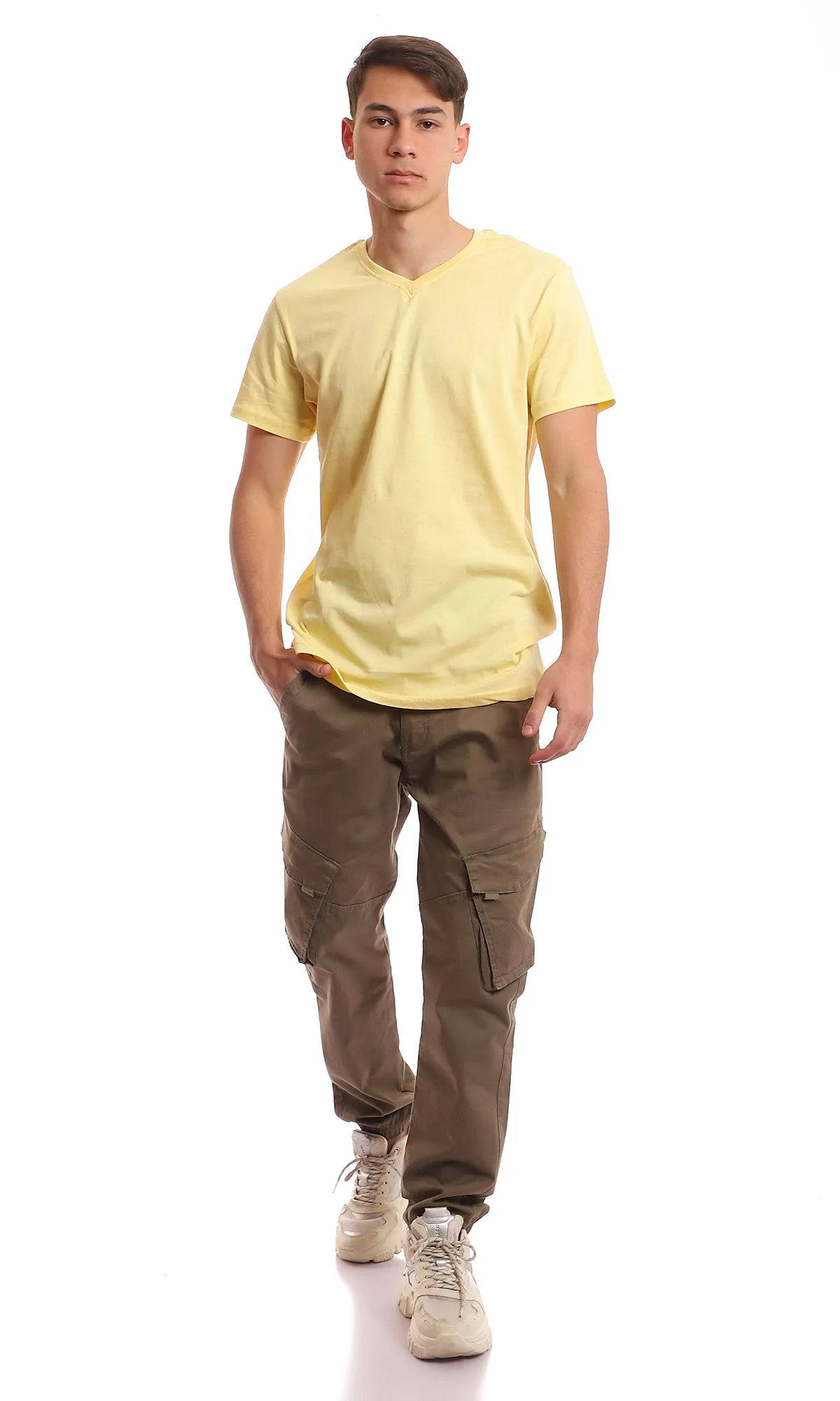 97678 V-Neck Light Yellow Cotton Basic Tee