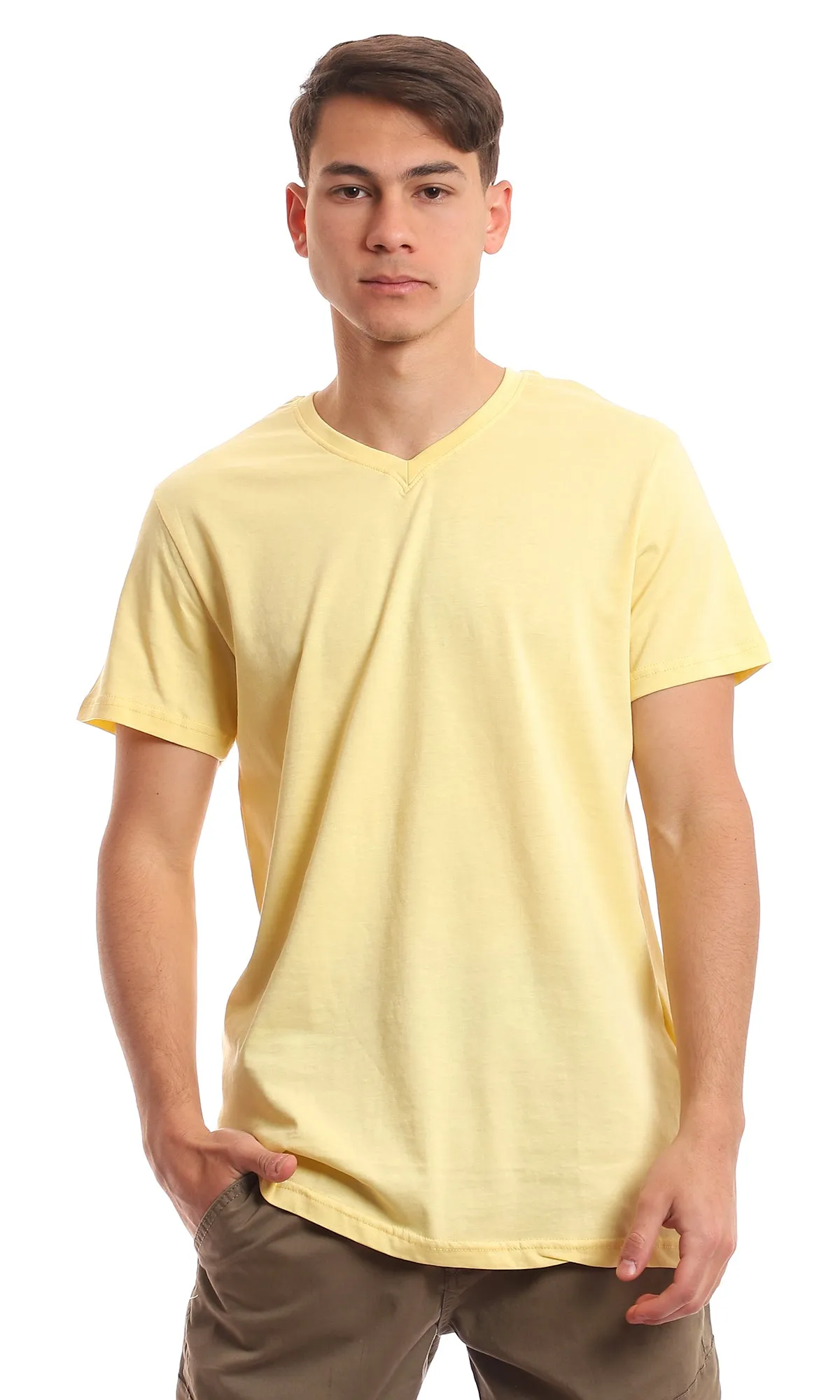 97678 V-Neck Light Yellow Cotton Basic Tee