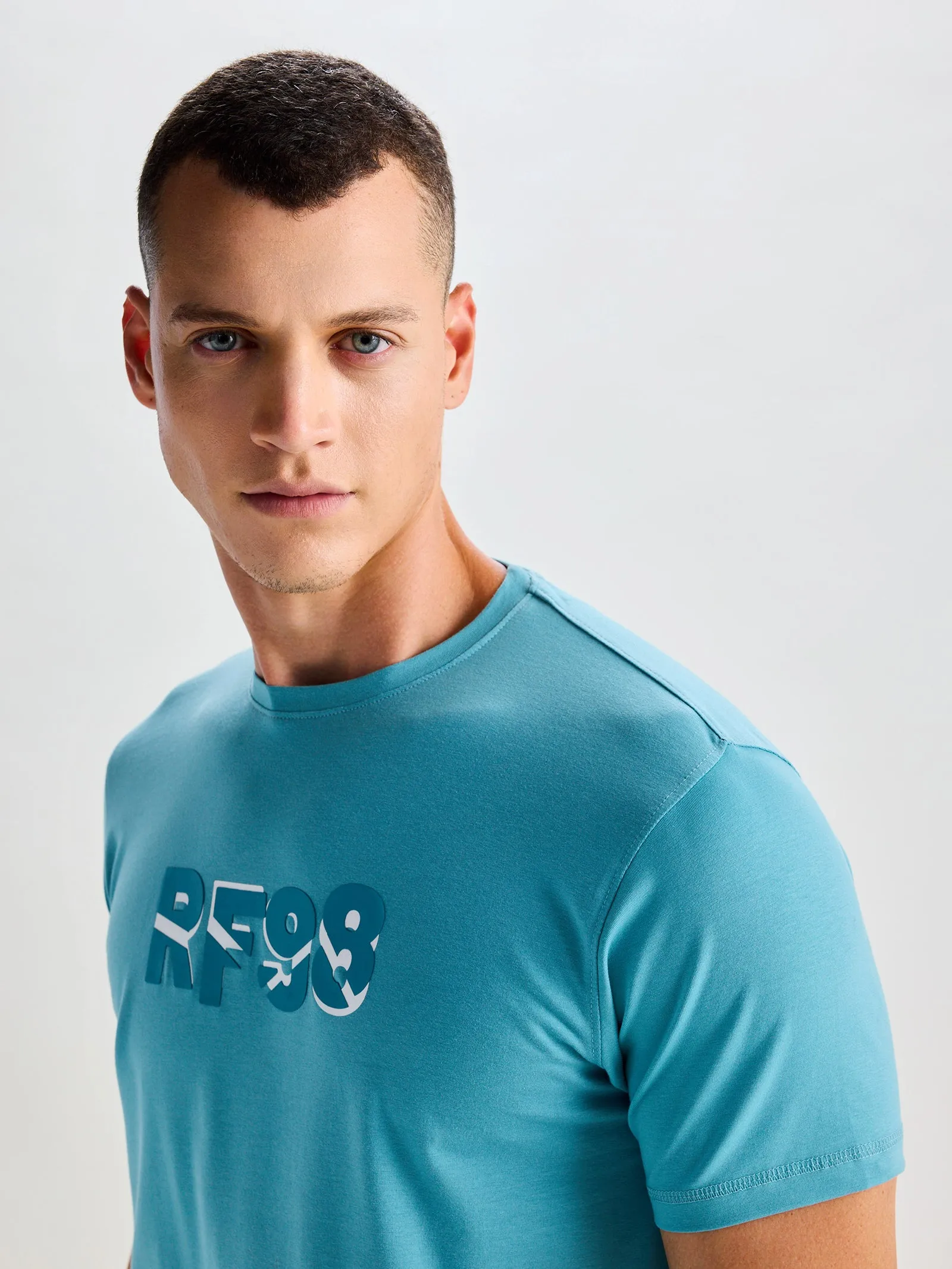 Aqua Blue Stretch Printed T-Shirt