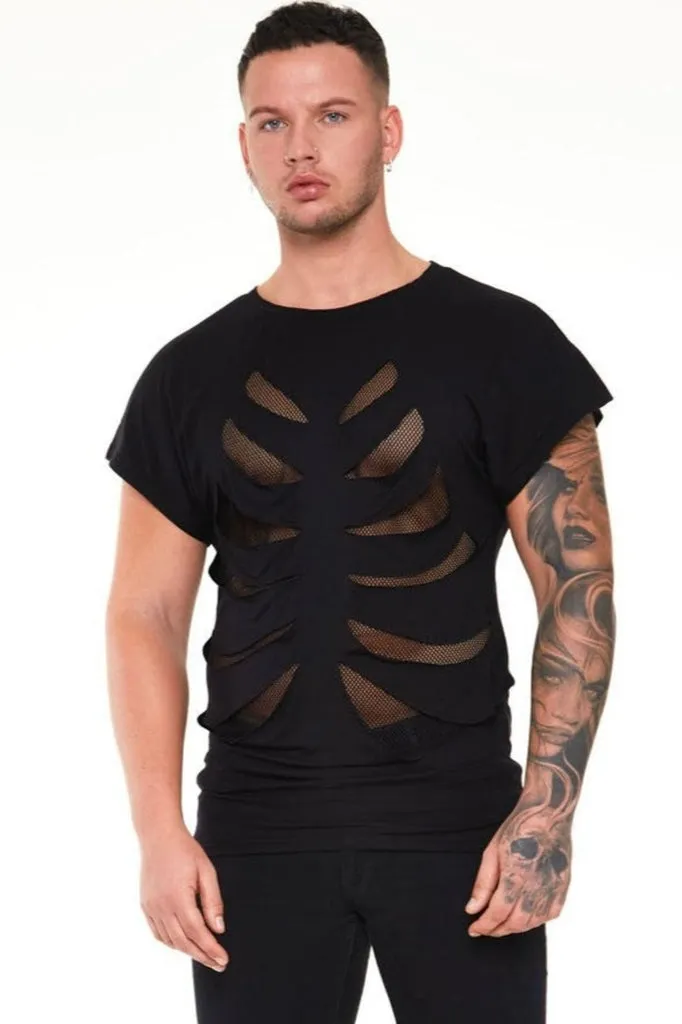 Black Loose T-shirt With Net Rib Cage