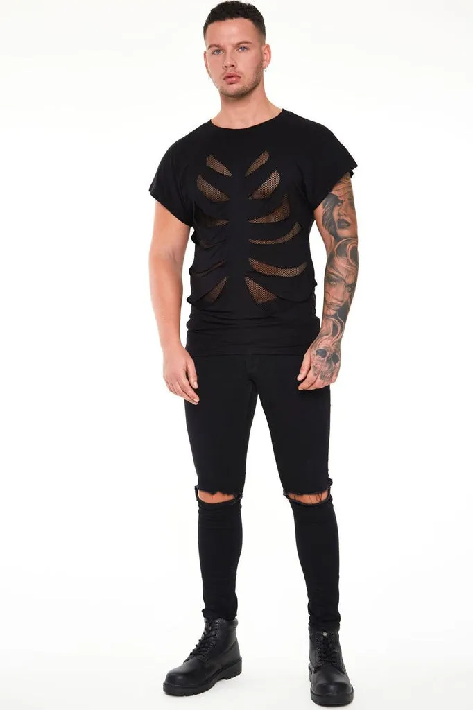 Black Loose T-shirt With Net Rib Cage