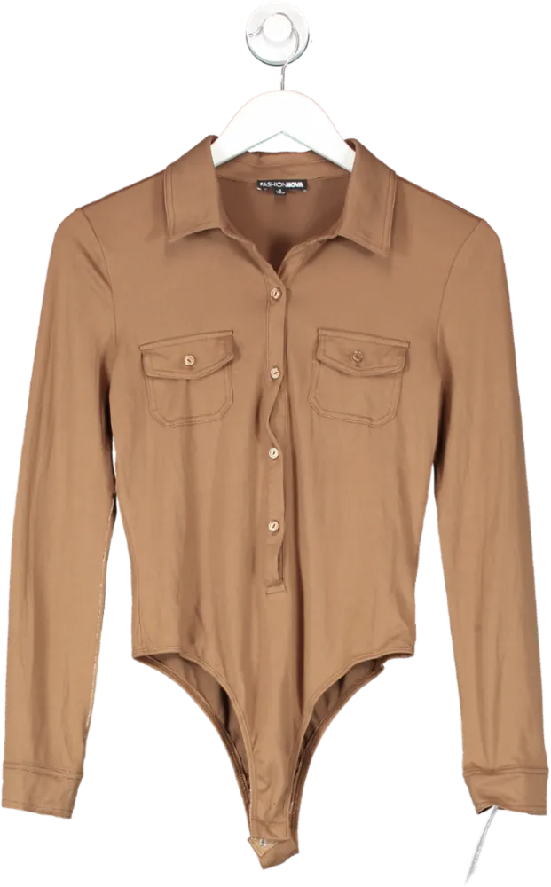 Fashion Nova Brown Button Front Shirt Style Bodysuit UK S