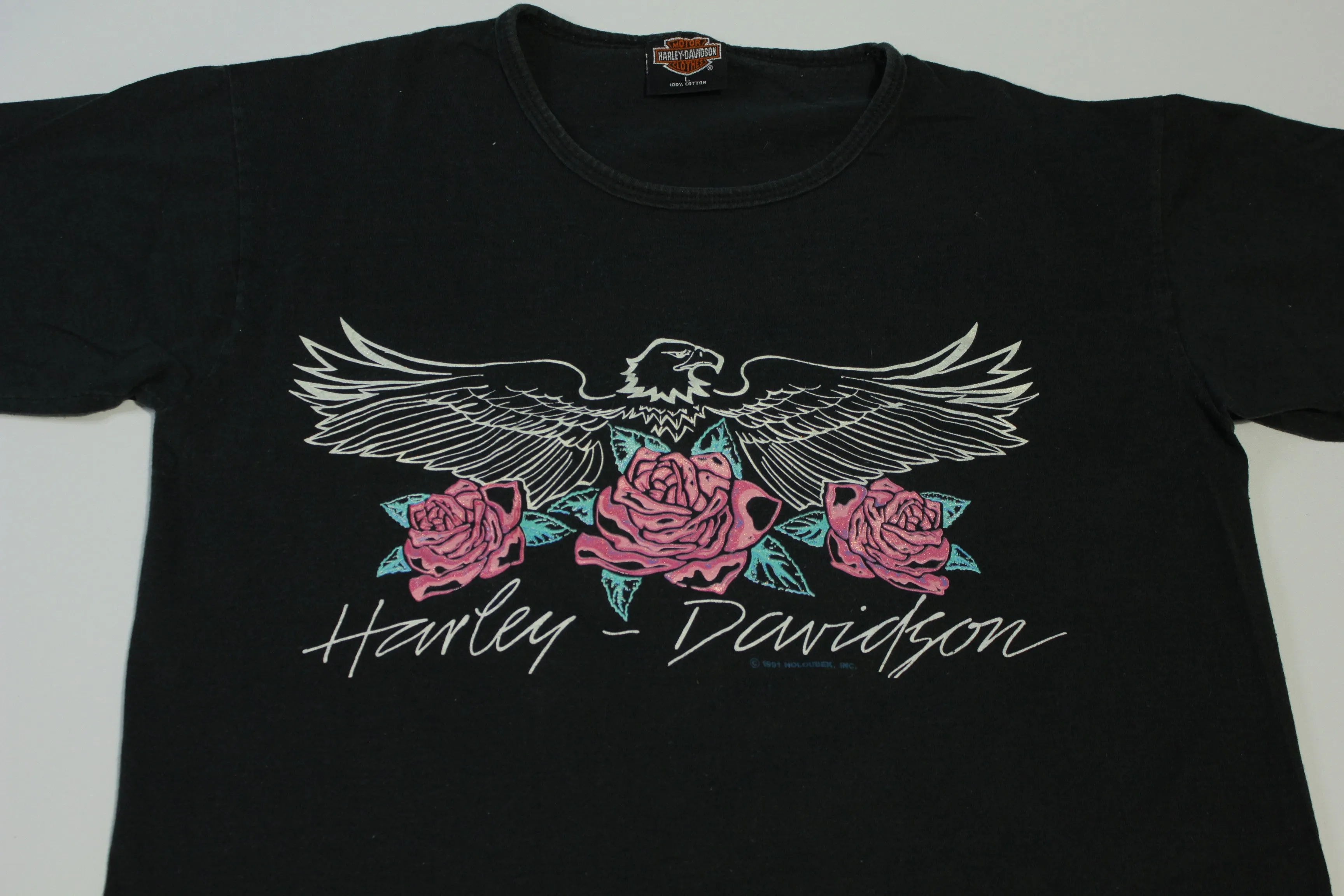 Vintage 90s Harley Davidson Holoubek Made in USA Eagle and Roses T-Shirt - Van Nuys, California Collectible