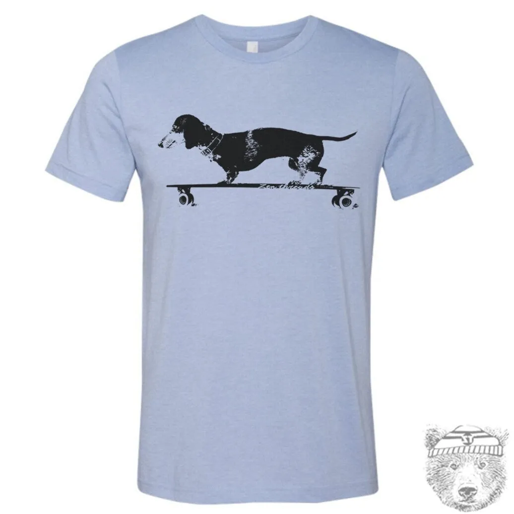 Longboard DACHSHUND Unisex Bella Canvas mens women's t shirt custom color printed tee doxie dog funny animal skater skateboard skating pet