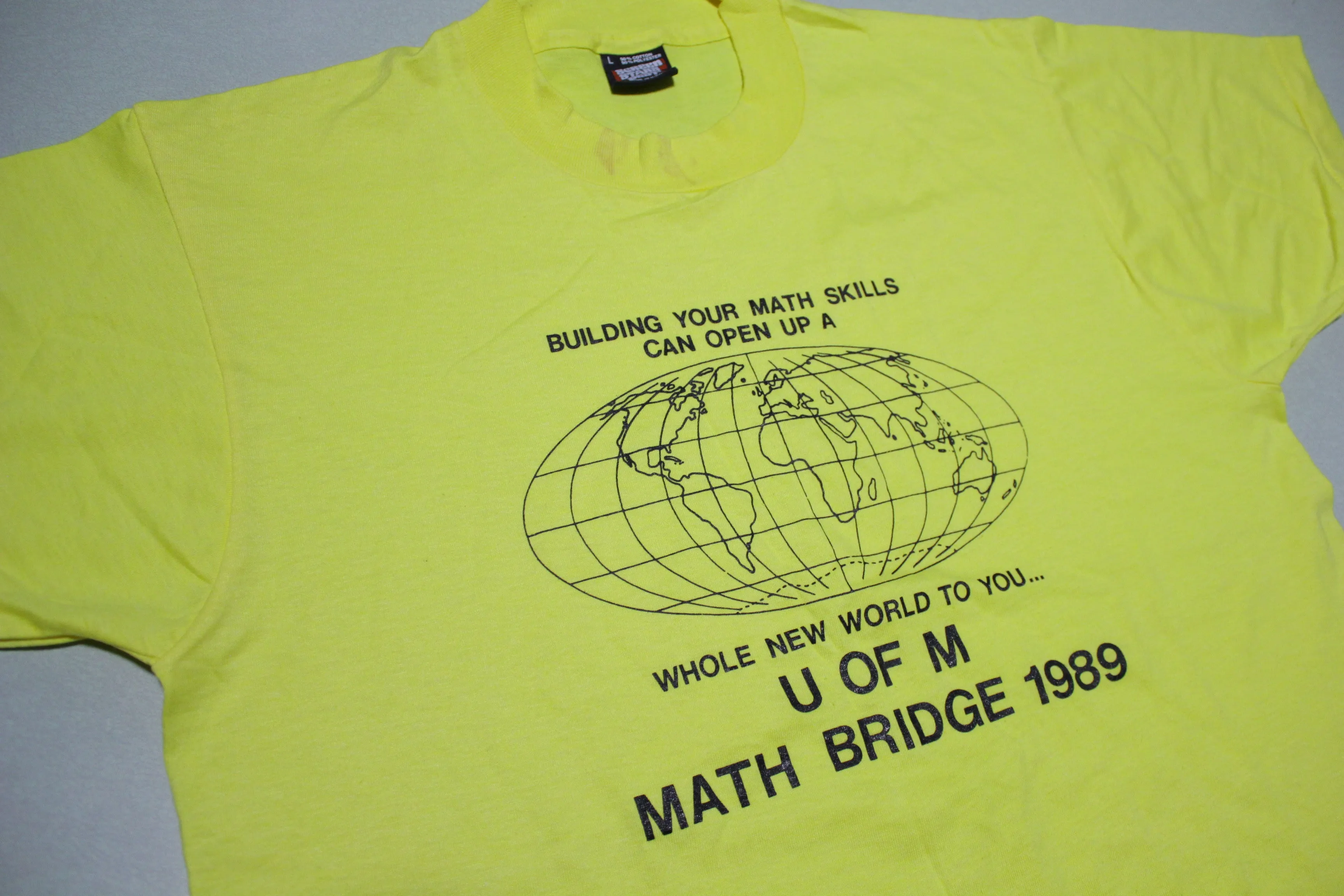 Vintage 1989 Math Bridge World Map Screen Stars Graphic T-Shirt for a Stylish Retro Look