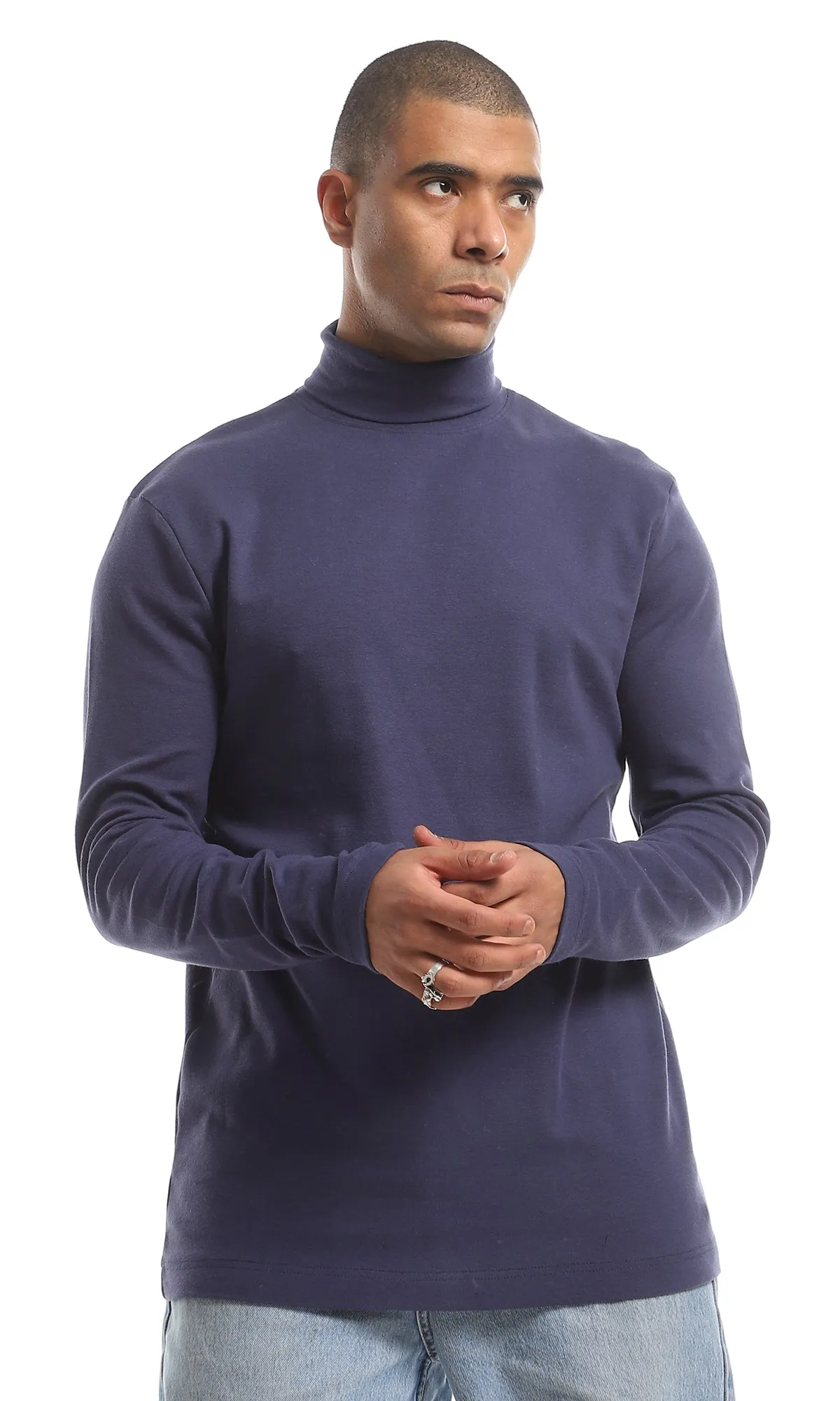 O159799 High Neck Long Sleeved Basic Cotton T-Shirt - Navy Blue