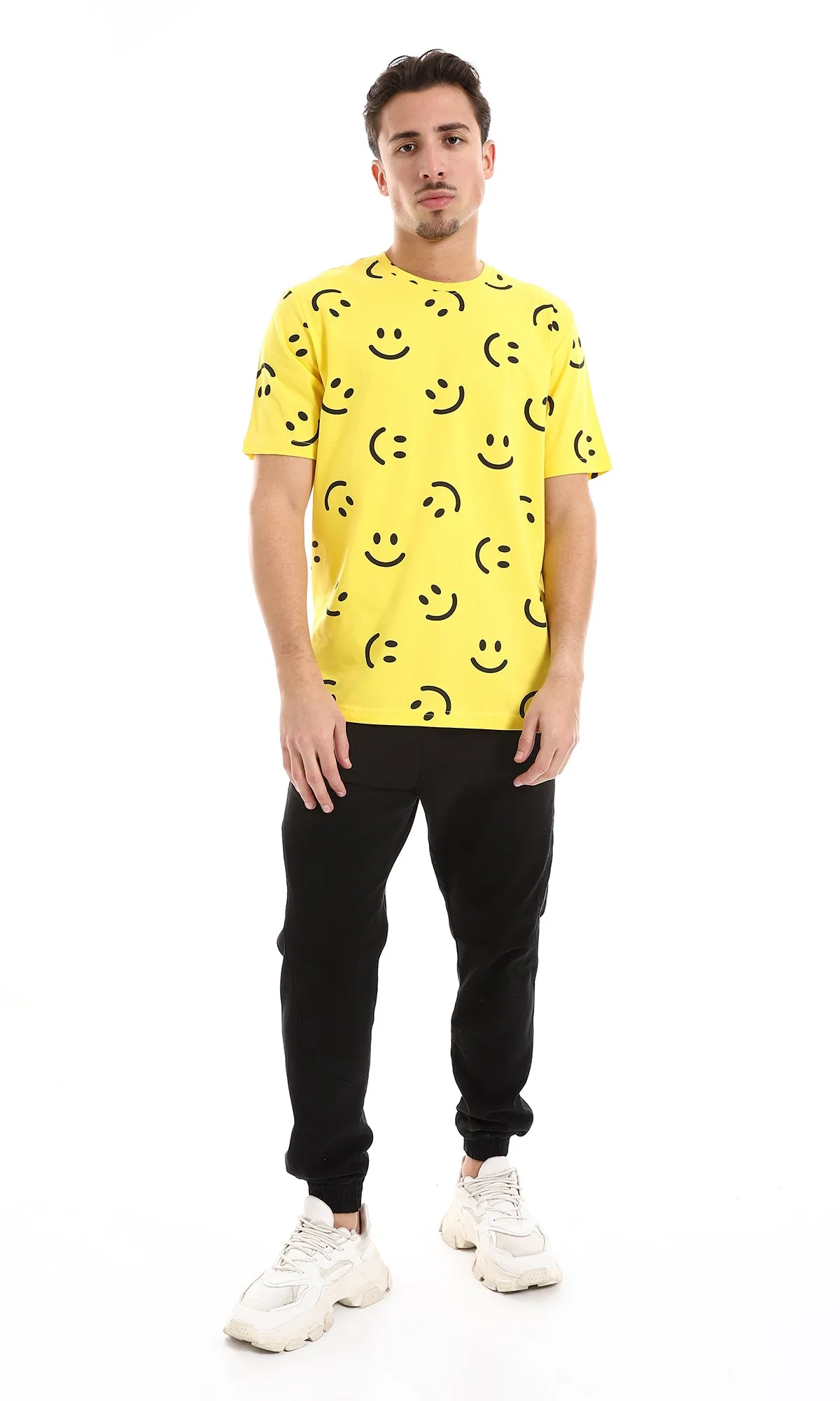 O164736 Smiles Patterned Slip On Cotton Tee - Yellow & Black