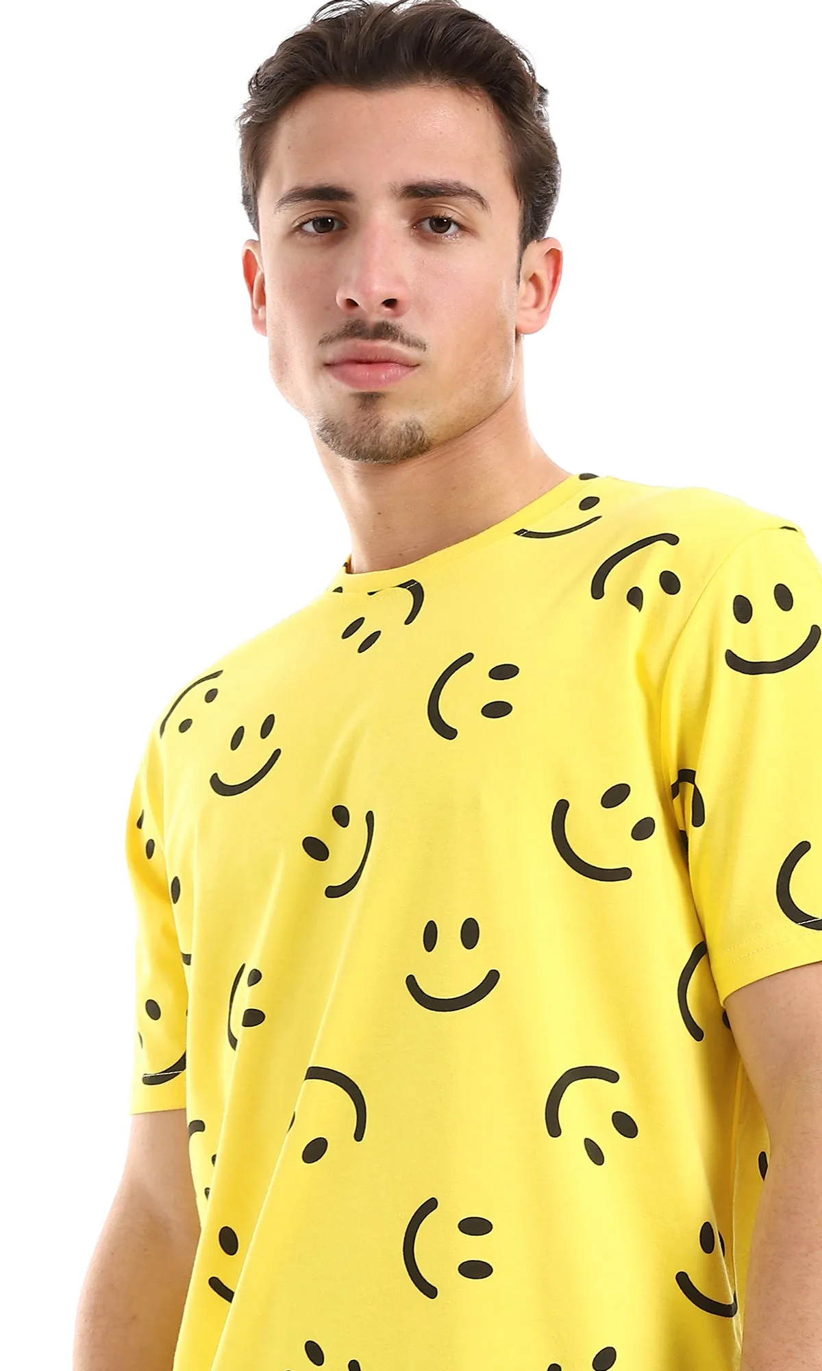 O164736 Smiles Patterned Slip On Cotton Tee - Yellow & Black