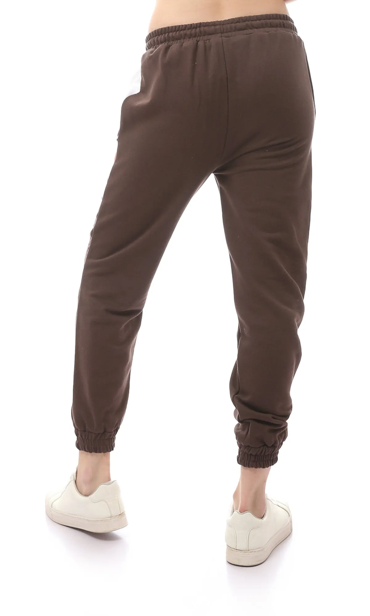 O168608 Brown & White Printed Slip On Elastic Waist Trousers