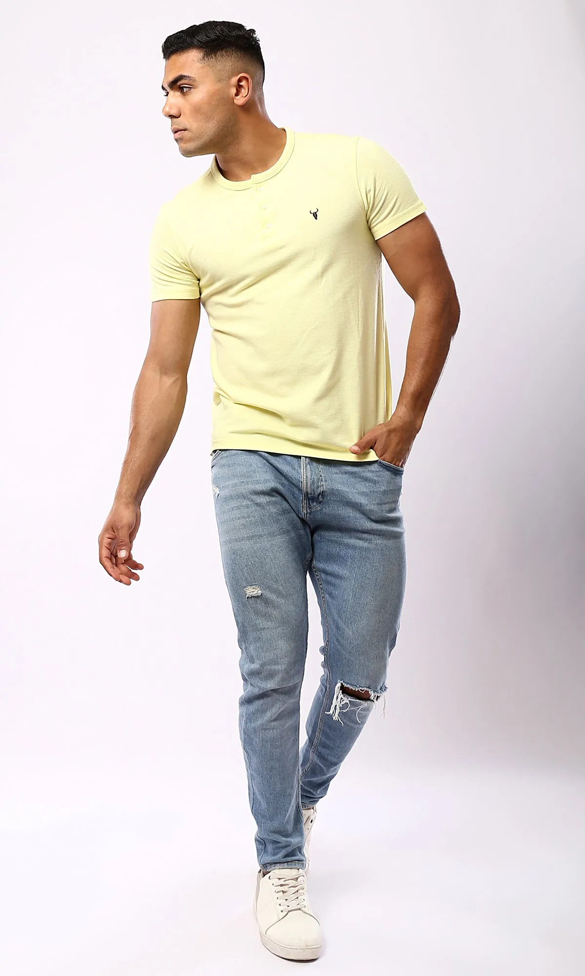 O180823 Light Yellow Regular Fit Solid Henley Shirt