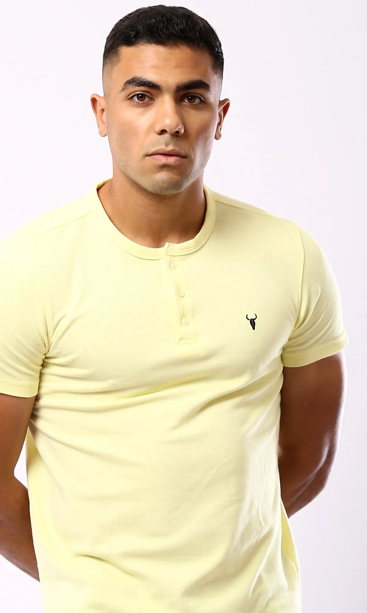 O180823 Light Yellow Regular Fit Solid Henley Shirt