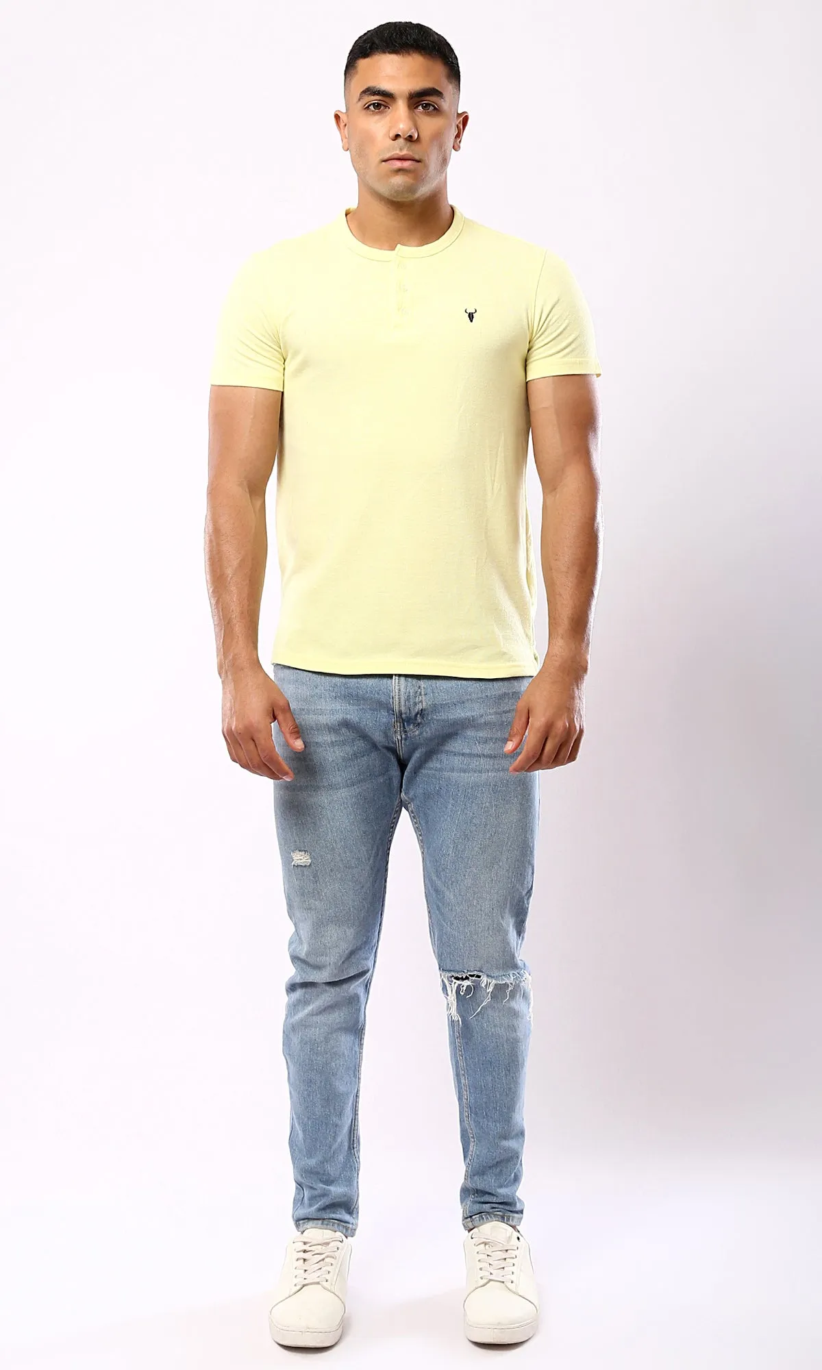 O180823 Light Yellow Regular Fit Solid Henley Shirt