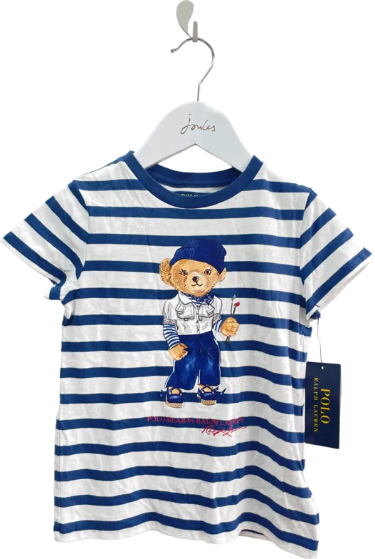 Polo Ralph Lauren Navy Blue / White Striped Polo Bear Motif T-shirt BNWT 4 Years