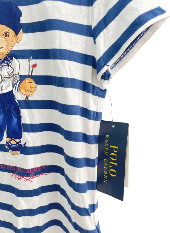 Polo Ralph Lauren Navy Blue / White Striped Polo Bear Motif T-shirt BNWT 4 Years