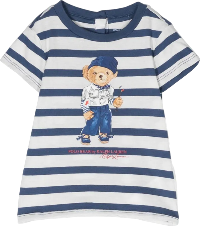 Polo Ralph Lauren Navy Blue / White Striped Polo Bear Motif T-shirt BNWT 4 Years