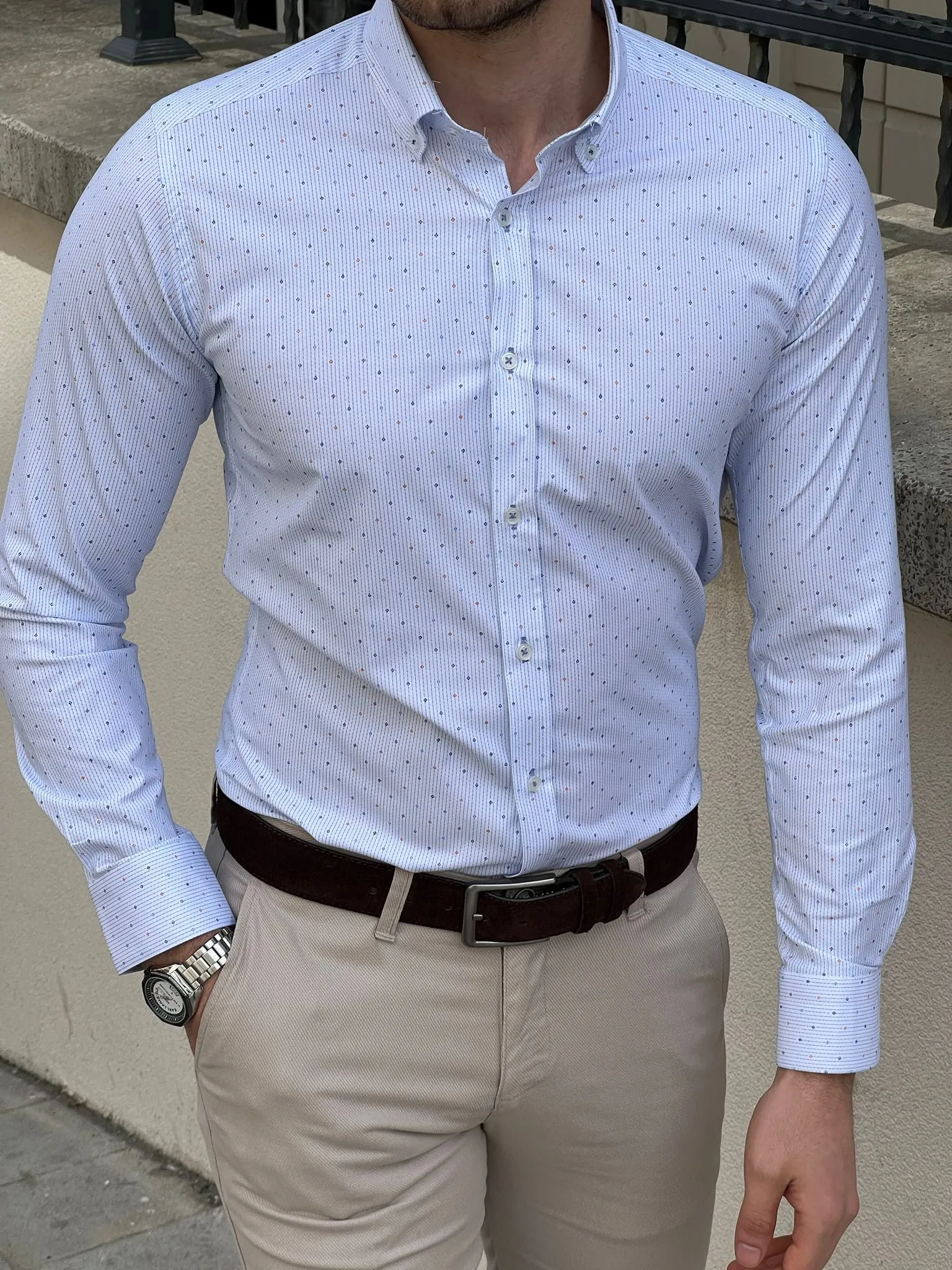 Slim Fit Patterned Cotton Blue Shirt