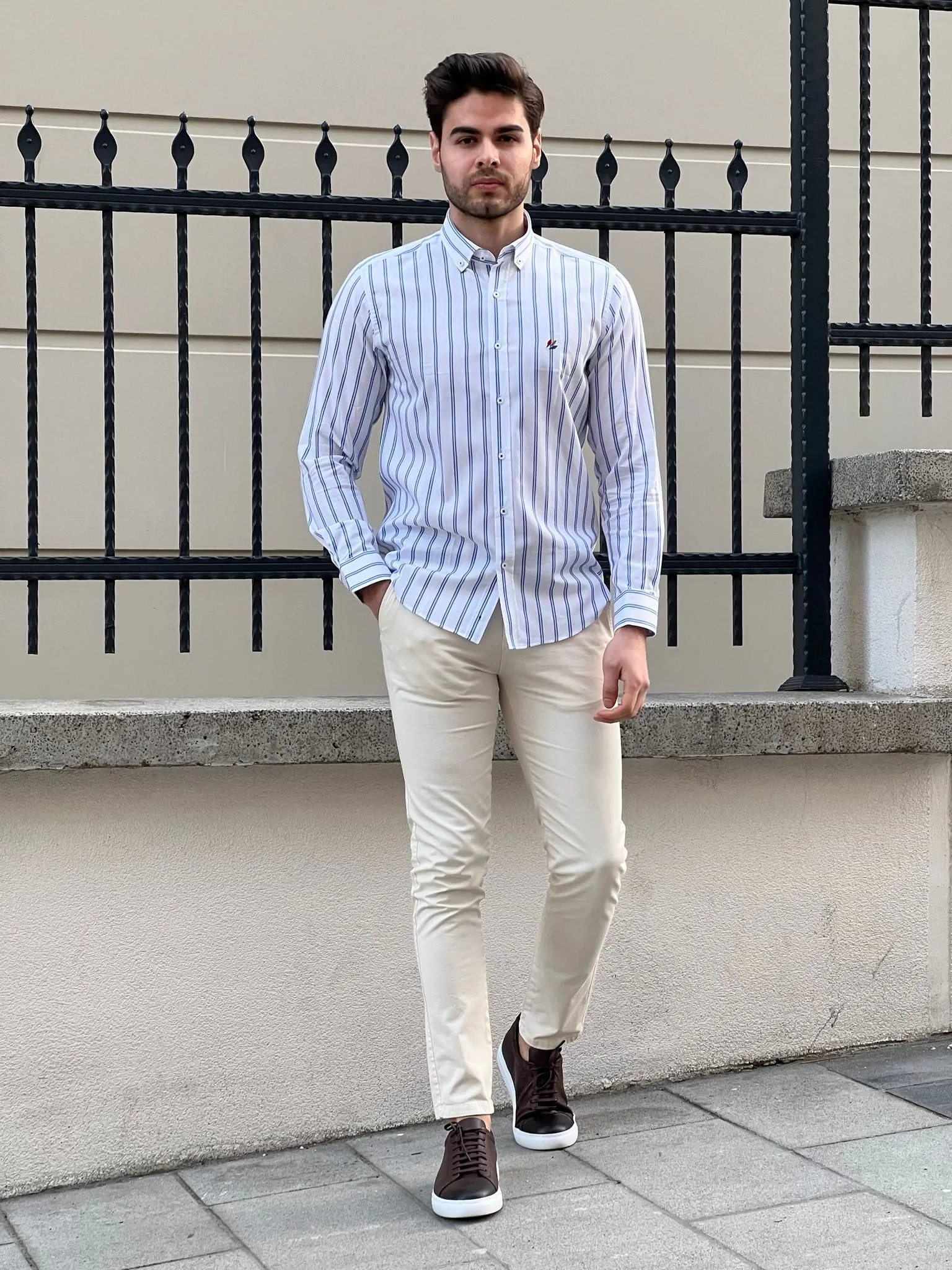 Slim Fit Striped Cotton White & Blue Shirt