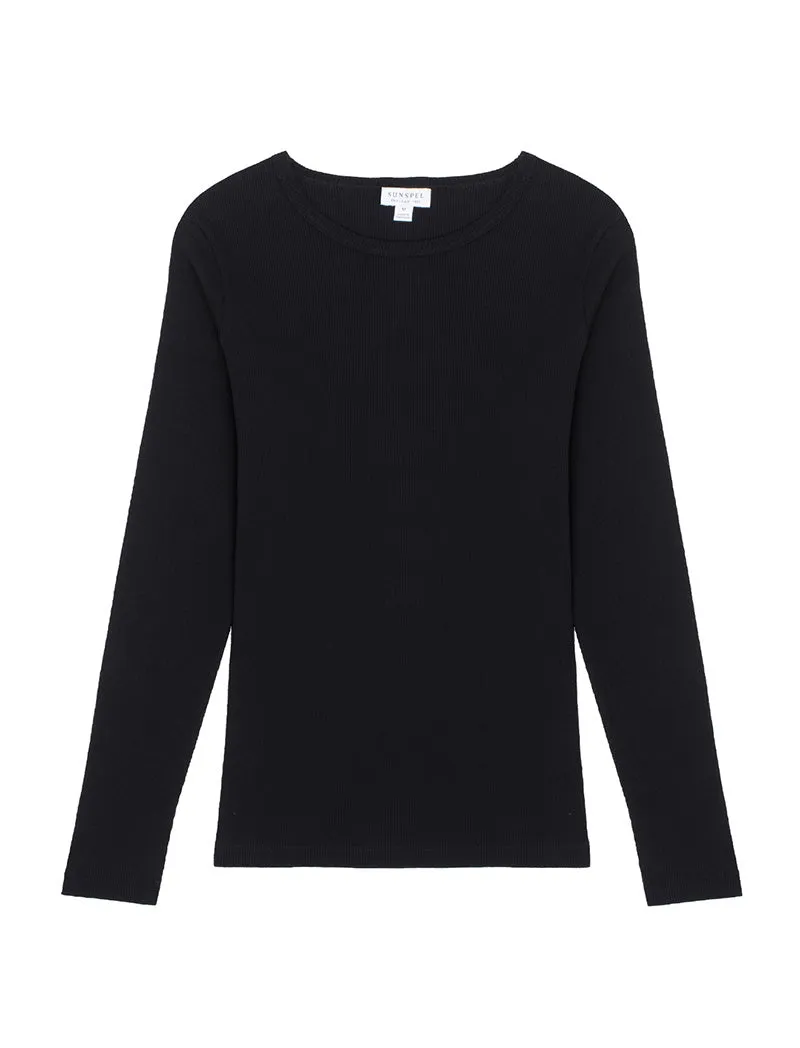 Sunspel Womens Rib Long Sleeve T-Shirt Black