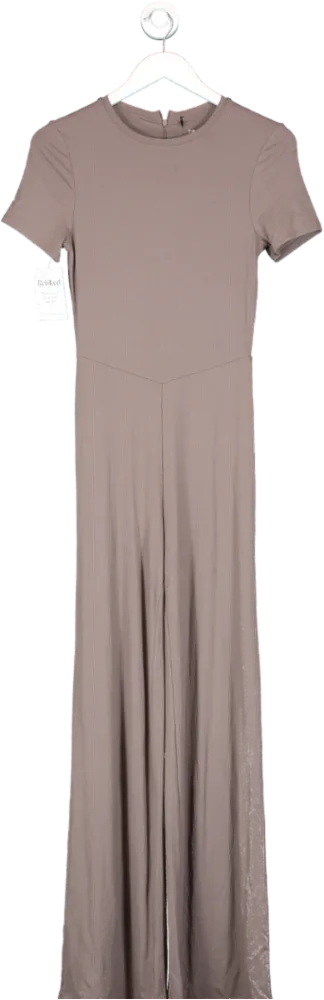 T/ALA Brown Sculpting Short Sleeve Wide Leg Jumpsuit In Mocha UK S