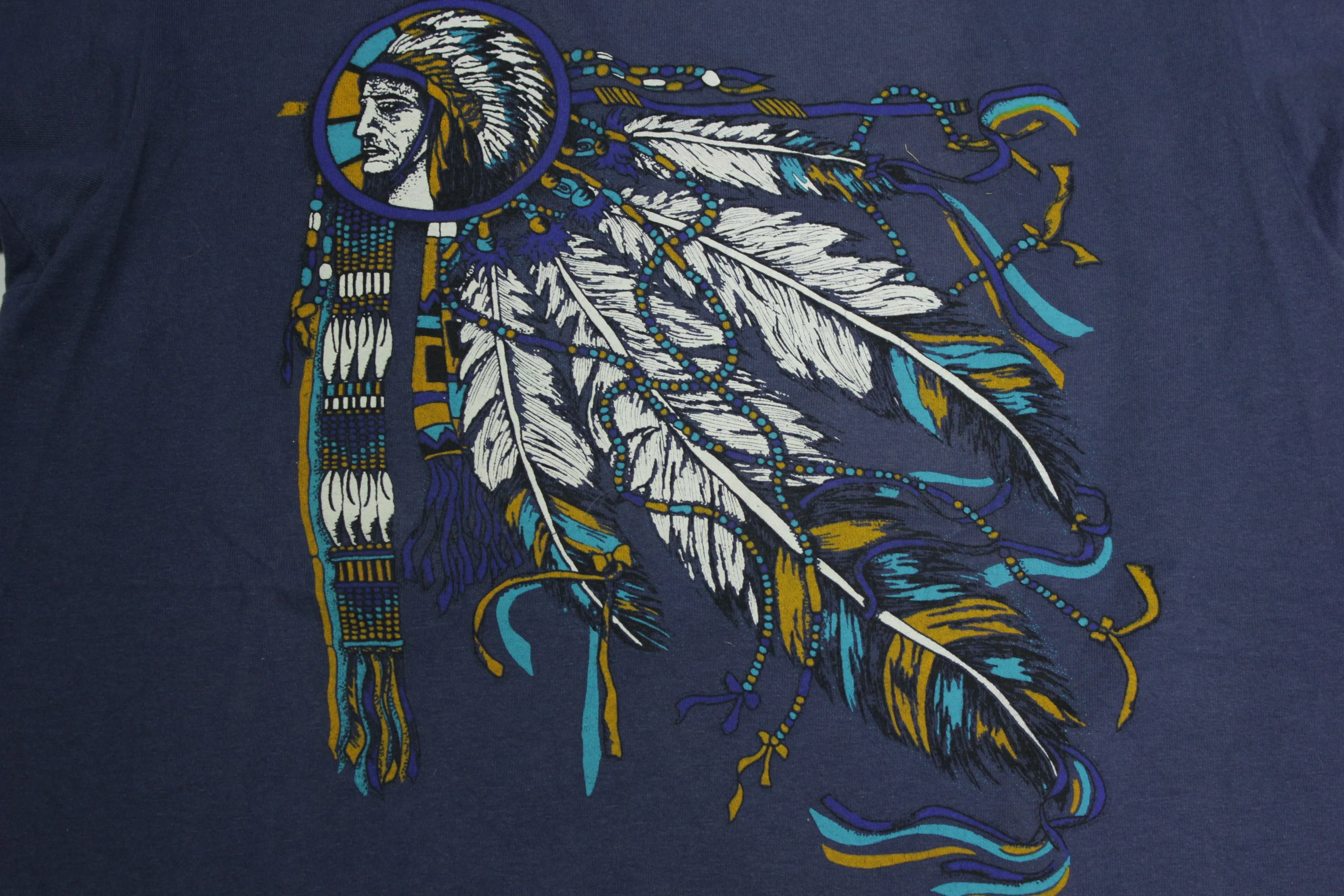 Tribal Native American Indian Vintage 90's Feather Headdress Single Stitch T-Shirt